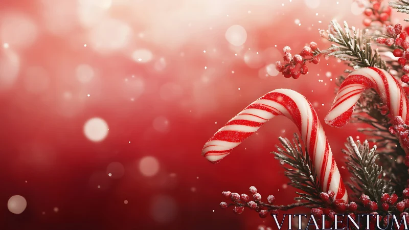 Striped candy canes rest in frosted festive foliage