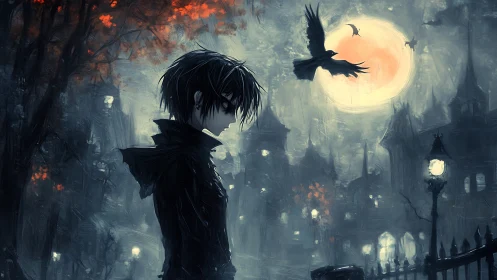 Melancholic anime figure in nocturnal gothic city under full moon
