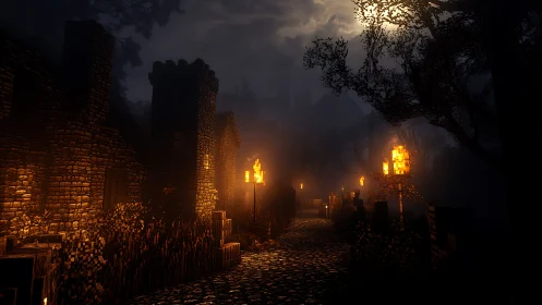 Medieval torchlit village street under moody moonlight.