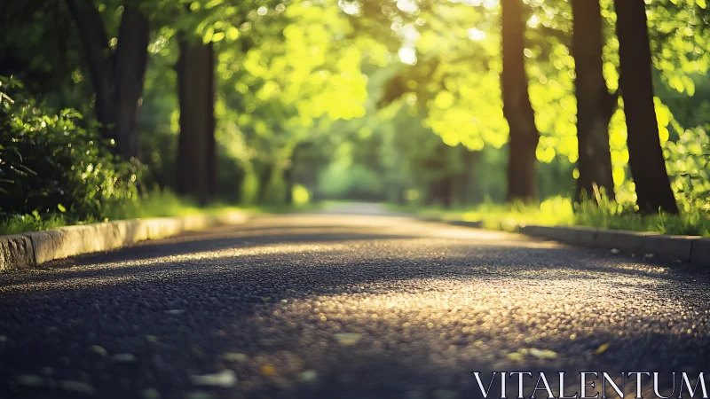 Tree-lined asphalt path with low angle sunlight view.