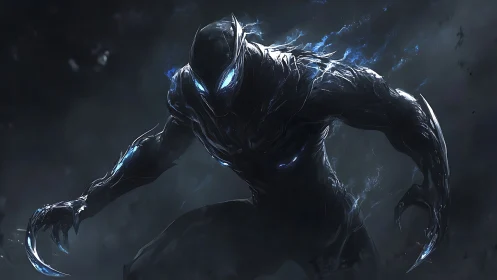 Shadow-clad alien predator lunges through electric blue mist