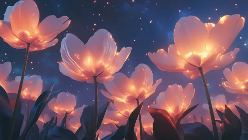 Luminescent tulips bloom under starlit sky.
