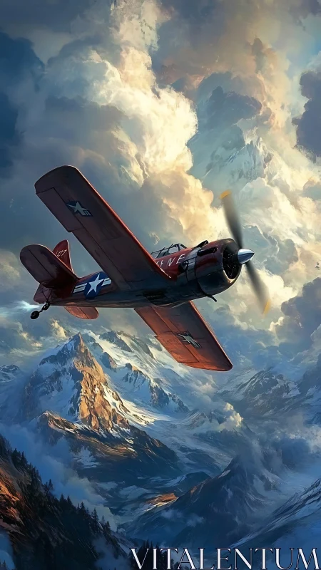 Red military fighter plane above dramatic snowy peaks.