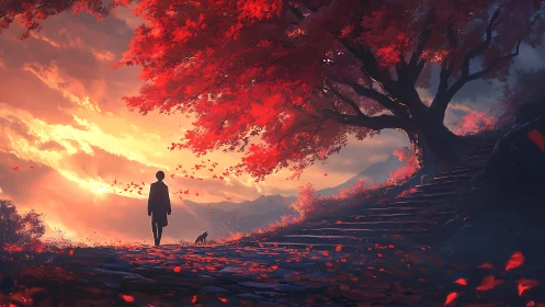 Sunset path beneath crimson maple with solitary figure.