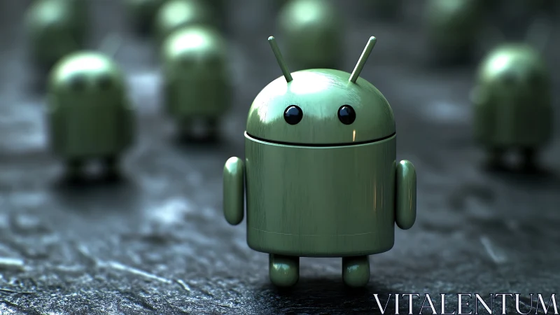 Rendered android figure stands on textured reflective surface