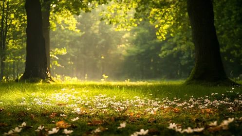 Backlit forest glade with ground-level wildflowers at sunrise