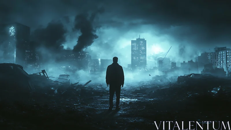 Lone survivor walks into a storm-lit, ruined megacity night.