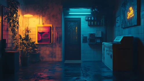 Neon lit service hallway with retro machines at night.