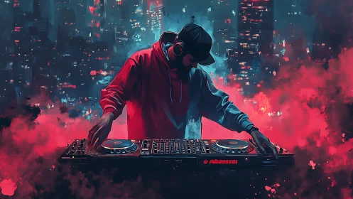 Midnight city DJ weaving neon storms of sound.