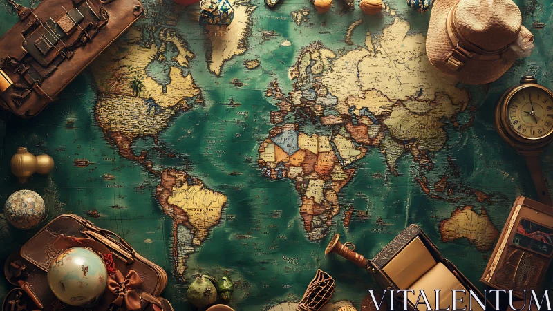 Vintage world map surrounded by classic travel gear