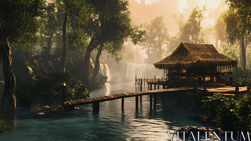 Riverside hut overlooks misty waterfalls at golden hour.