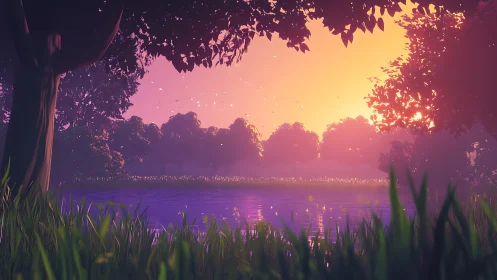 Soft evening light gently settles over a glowing riverside