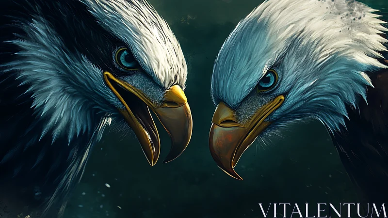 Two Bald Eagles in Dramatic Digital Art Face-Off, Intense Stares.