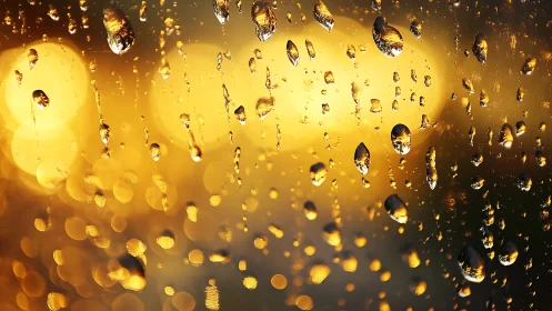 Golden city lights refracted through rain-streaked glass.