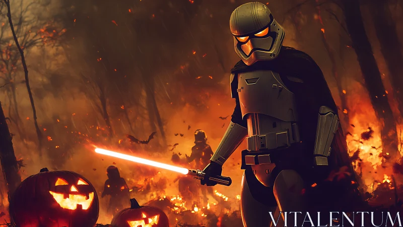 Armored sci fi figure with lightsaber in burning forest scene.