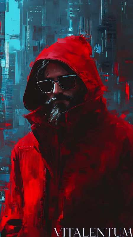 Hooded figure in red coat against abstract urban backdrop.