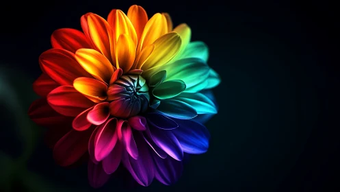 Radiant rainbow flower glows softly against a dark night