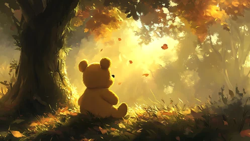 Teddy bear watches golden autumn light filter through forest