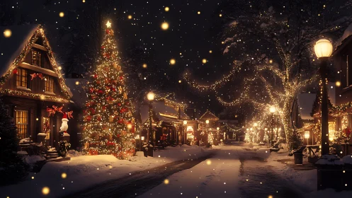 Snow-covered village street shows dense Christmas lighting design
