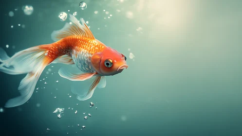 Orange goldfish in clear teal water with rising bubbles.
