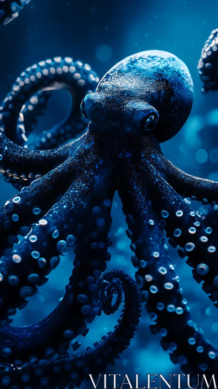 Blue octopus underwater with detailed curling tentacles.