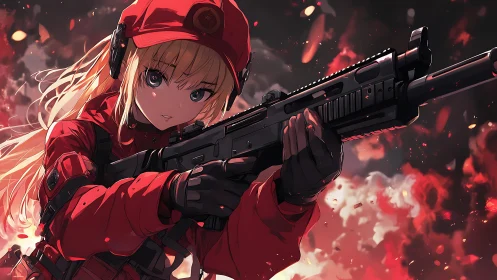 Anime soldier girl aims rifle amid blazing red battlefield.