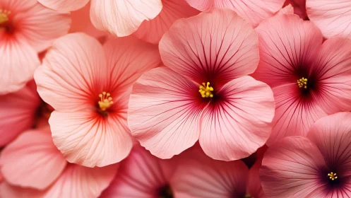 Pink hibiscus flowers bloom with radiant yellow centers.