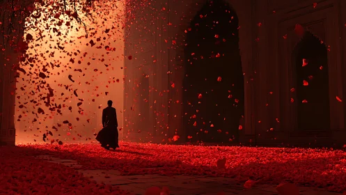 Solitary figure traverses rose petal storm in vaulted hall