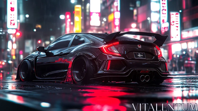Modified black coupe under neon rain in urban nightscape.