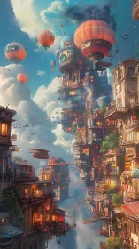 Vertical steampunk sky city with airships and towers.