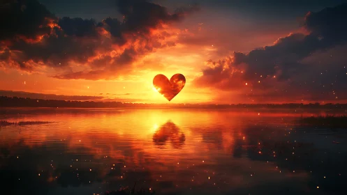 Luminescent Heart Silhouette Reflected in Tranquil Sunset Water.