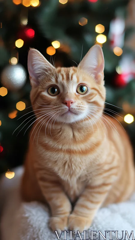Ginger tabby cat posed before festive bokeh-lit backdrop