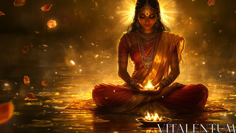 Luminous river meditation with ritual fire and radiant aureole.