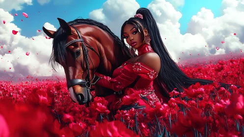 Woman and horse in vivid red flower field under sky.