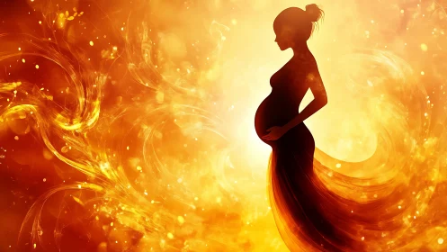 Pregnant woman silhouetted against radiant golden luminescence.