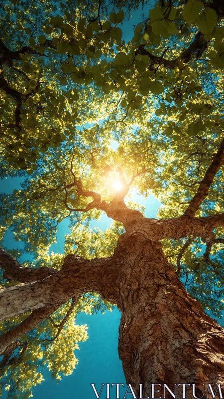 Sunlit forest canopy glows above towering tree trunk.