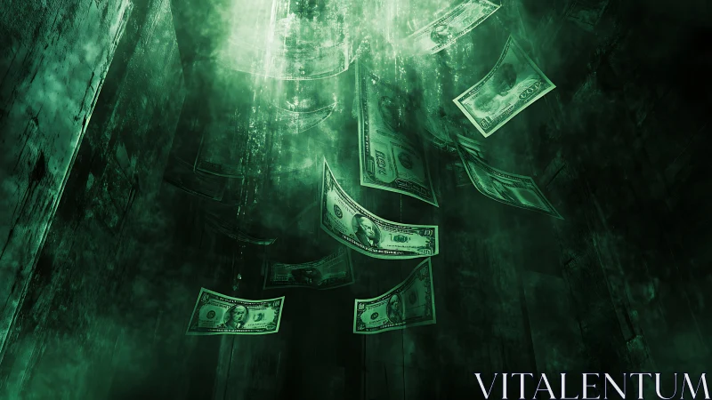 US banknotes descend through dark green digital void