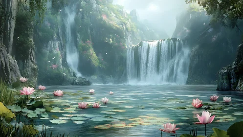 Waterfall pool with lotus-covered surface and rocky cliffs.