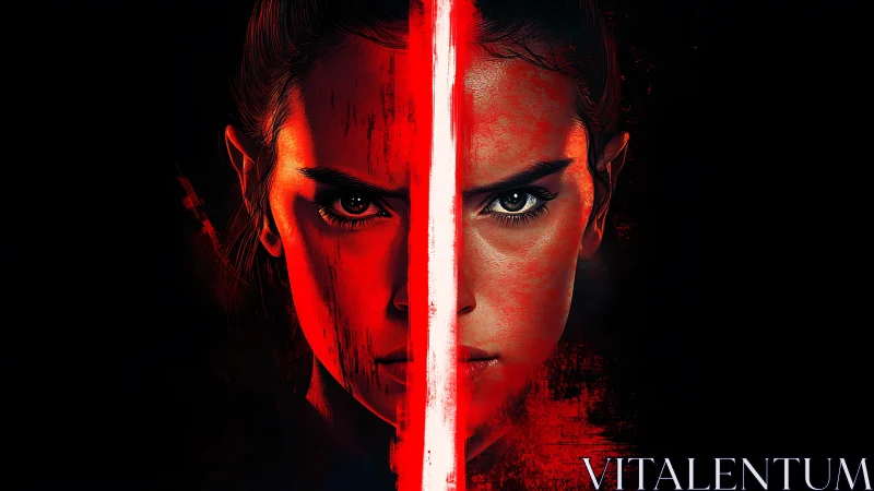 Warrior portrait split by glowing red energy blade.