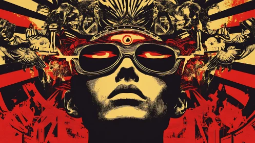 Surreal cyber icon stares outward amid explosive chaos.