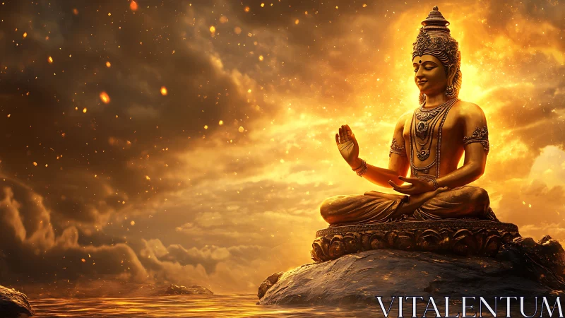 Golden Buddha sits in tranquil light over glowing waters