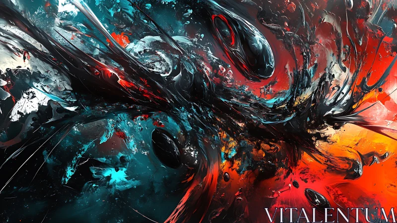 Abstract liquid energy flows collide in deep red and teal