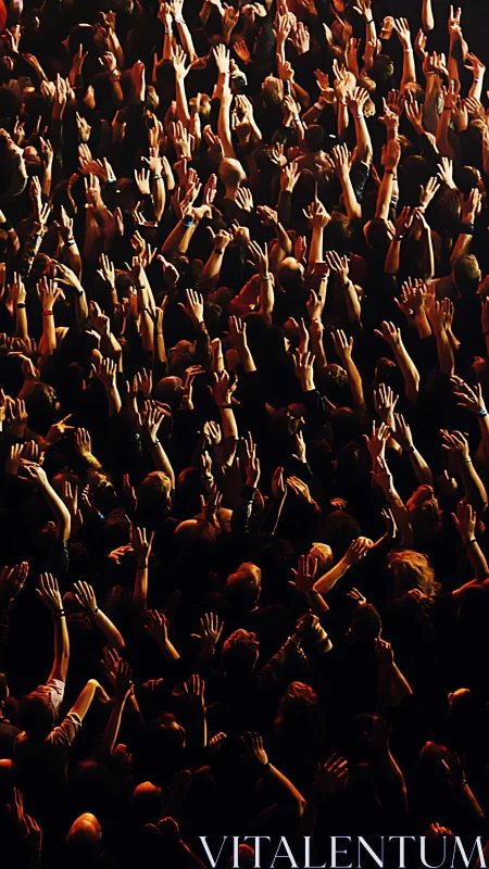 Crowd with raised hands under dramatic concert lighting.