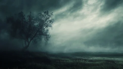 Lone tree leans beneath storm-laden skies at dusk.