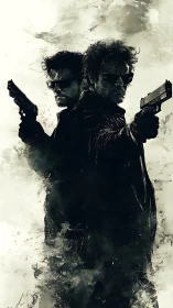 Shadow brothers stand back-to-back in smoky standoff.