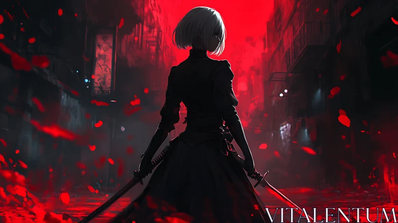 Midnight swordswoman in neon-red alley of falling embers.