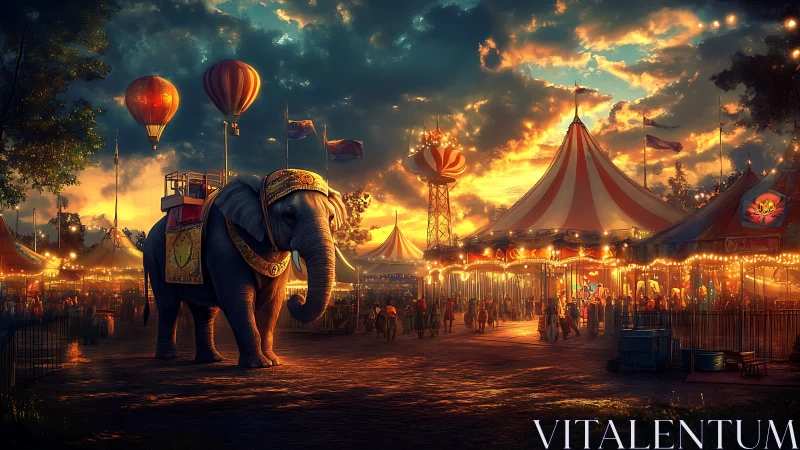 Elephant and circus tents under vivid sunset sky.