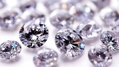 Round cut loose diamonds arranged on reflective surface.