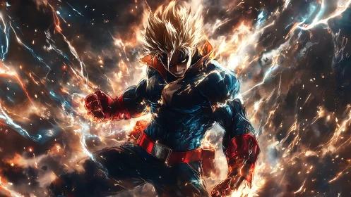 Explosive anime hero wreathed in crackling cosmic energy.