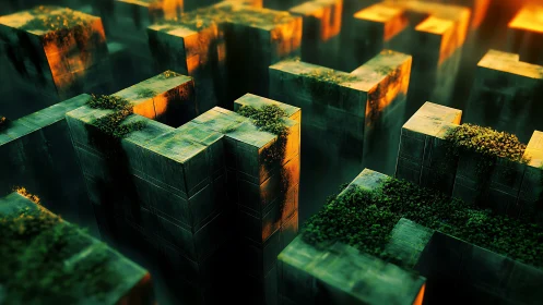 Sunlit concrete maze towers rise with scattered rooftop vegetation
